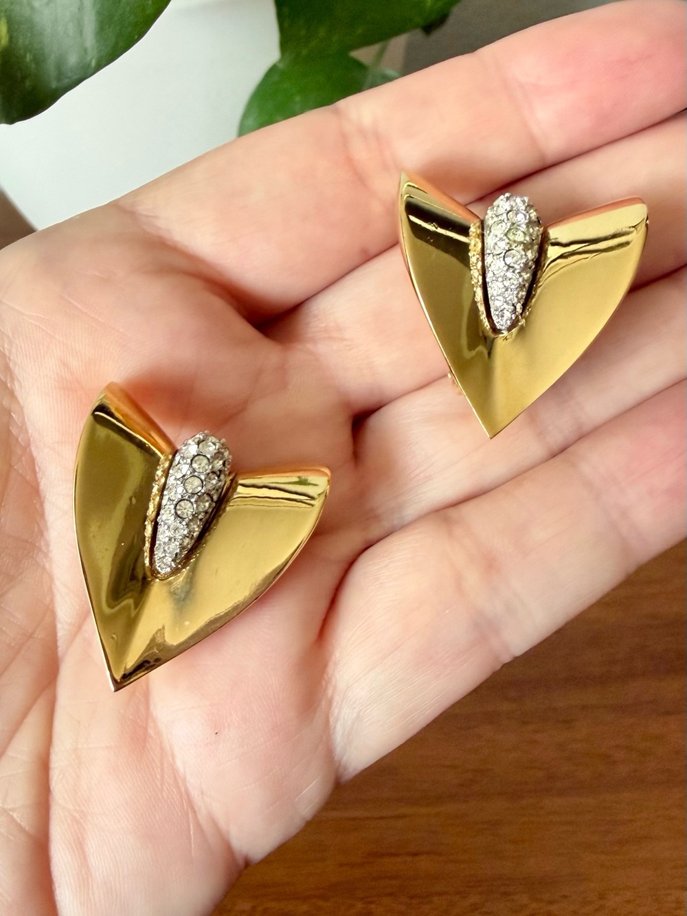 Vintage Givenchy Signed Goldtone Arrow or Wing Clip-on Earrings Pave Crystals